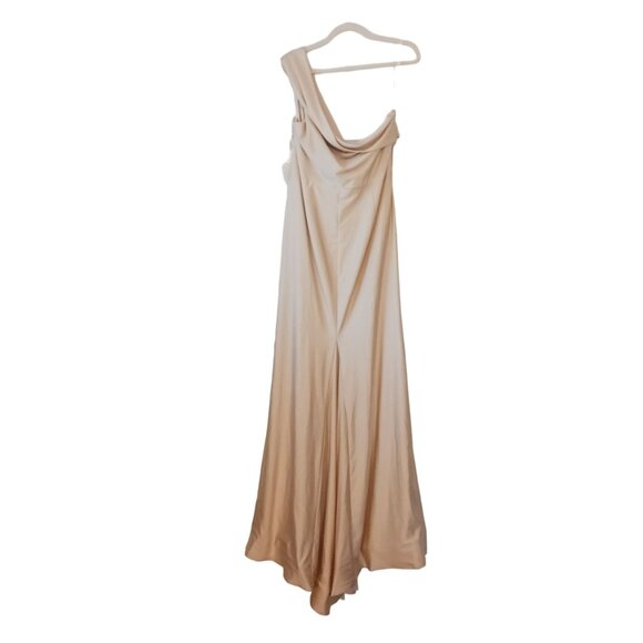 NWT, Cynthia & Sahar XL Luz, One-Shoulder Stretch Satin Mermaid Dress, Champagne - Picture 6 of 13
